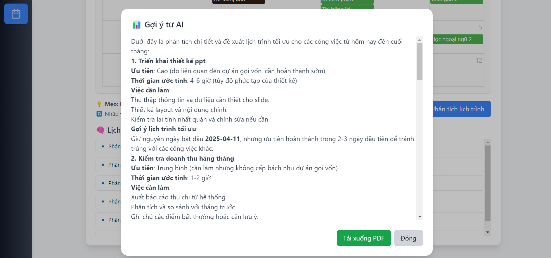 Website dùng AI để phân tích kế hoạch công việc bằng ReactJS ảnh chụp màn hình